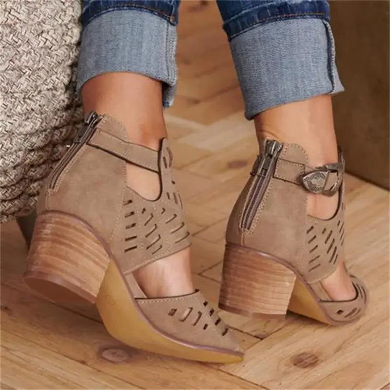 Women's Heeled Sandals with Openwork Pattern and Ankle Strap