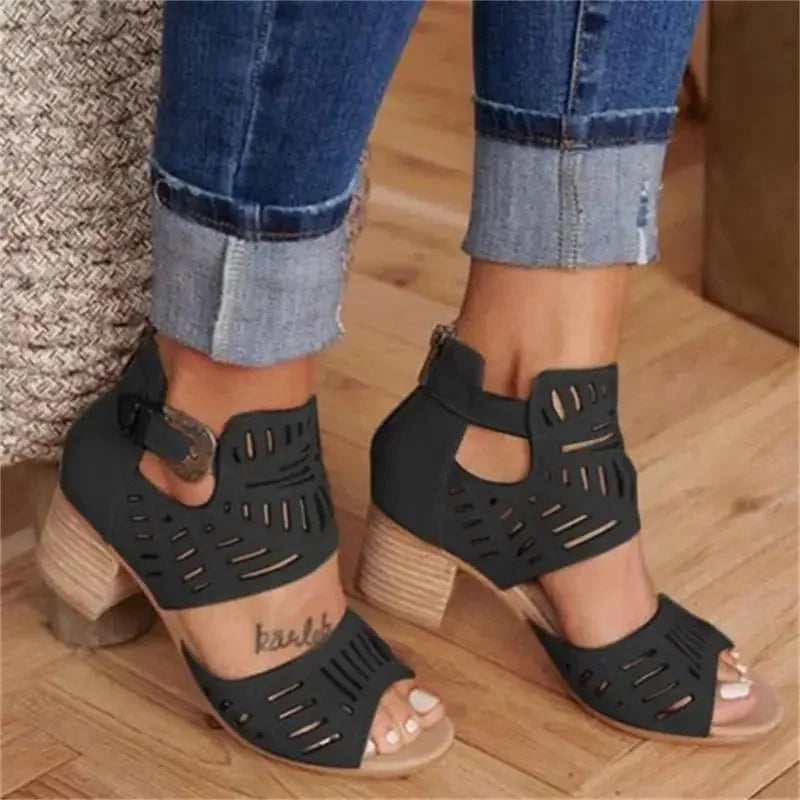 Women's Heeled Sandals with Openwork Pattern and Ankle Strap