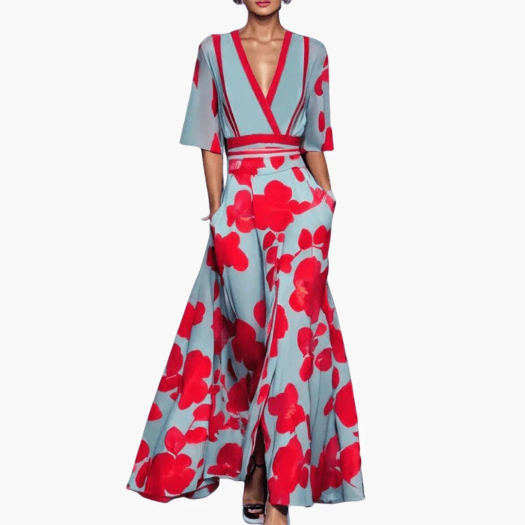 Flower Dress with V-Neck for Women  Elegant & Long