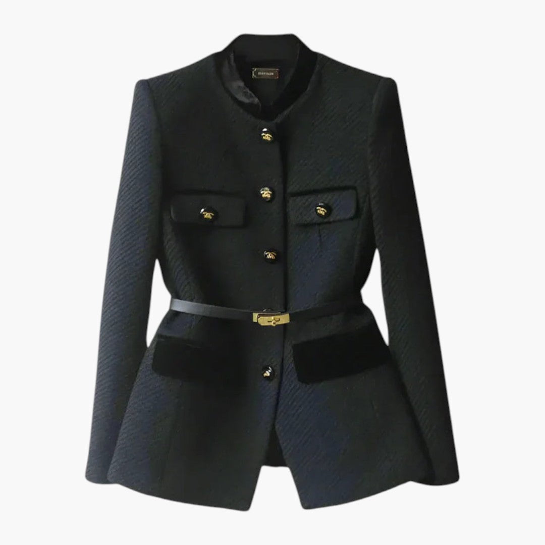 Women's Mid-Length Jacket with Button Closure and Fitted Waist
