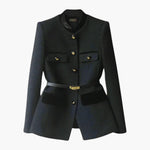 Women's Mid-Length Jacket with Button Closure and Fitted Waist