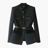 Women's Mid-Length Jacket with Button Closure and Fitted Waist