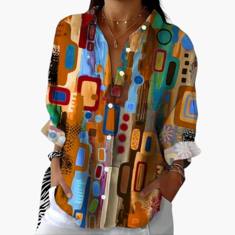 Bavane | Women's Open Front Long Sleeve Blouse with Tunic Length and Printed Surface
