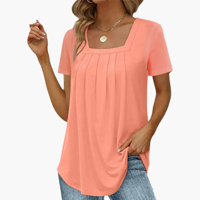 Women's Blouse with Square Neckline and Front Pleats