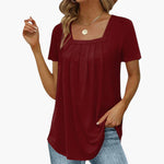 Women's Blouse with Square Neckline and Front Pleats