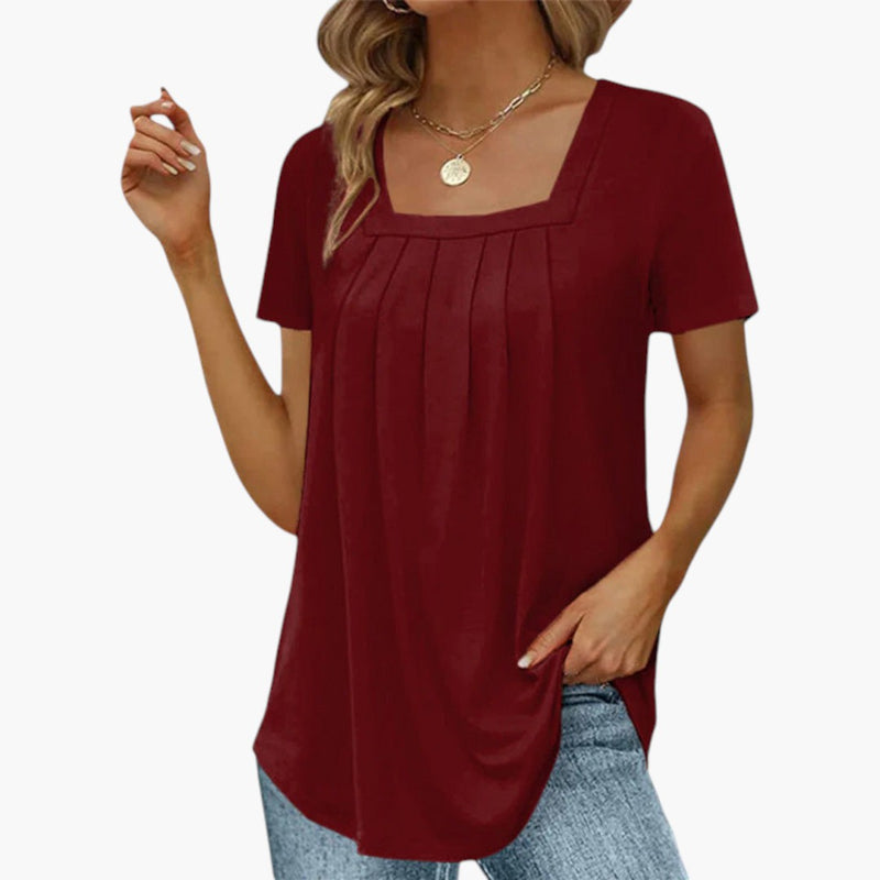 Women's Blouse with Square Neckline and Front Pleats