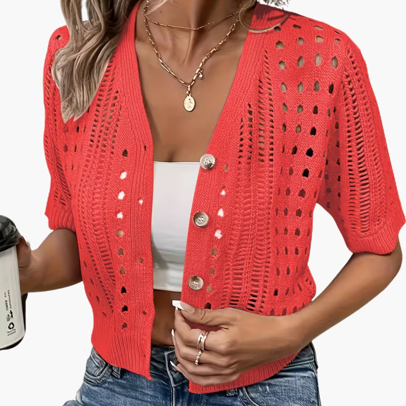 Women's Cardigan with Hollow Knit and Short Sleeves