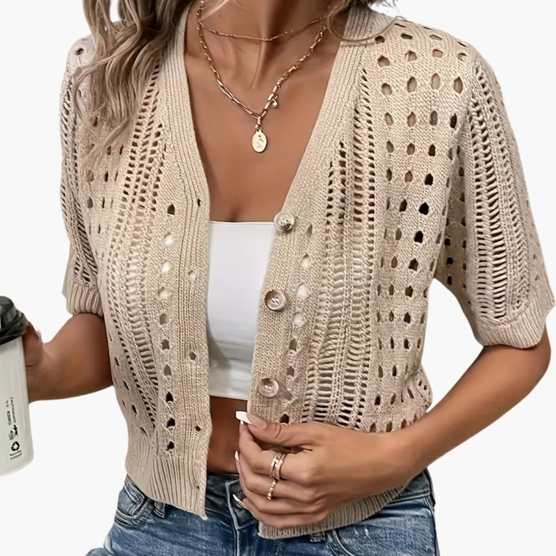 Women's Cardigan with Hollow Knit and Short Sleeves