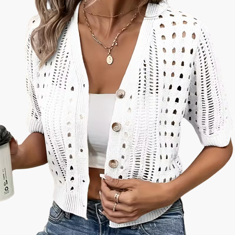 Women's Cardigan with Hollow Knit and Short Sleeves