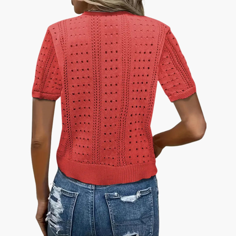 Women's Cardigan with Hollow Knit and Short Sleeves