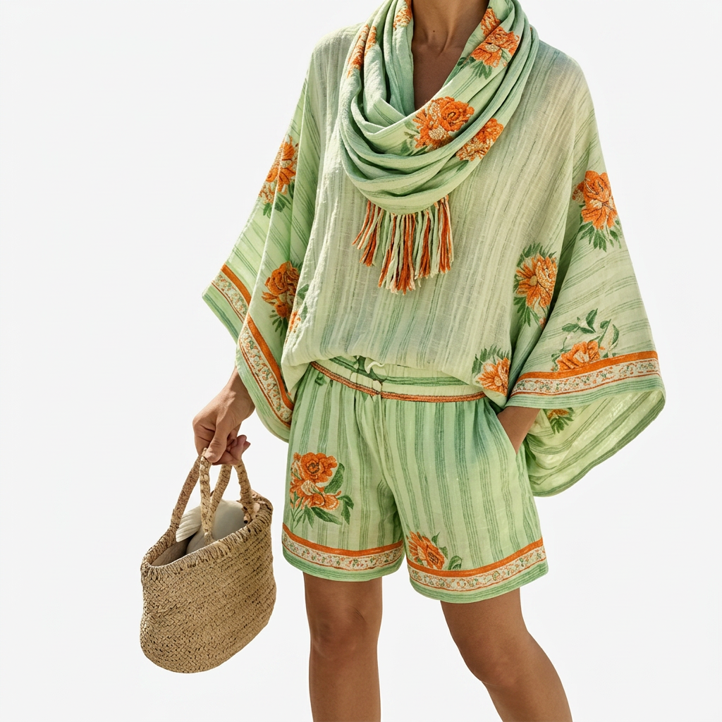 Women's Floral Kimono Top & Shorts Set with Matching Scarf