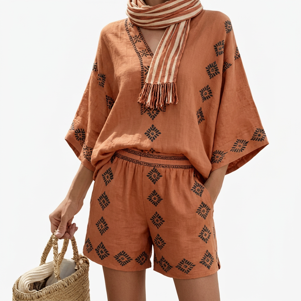 Women's Floral Kimono Top & Shorts Set with Matching Scarf