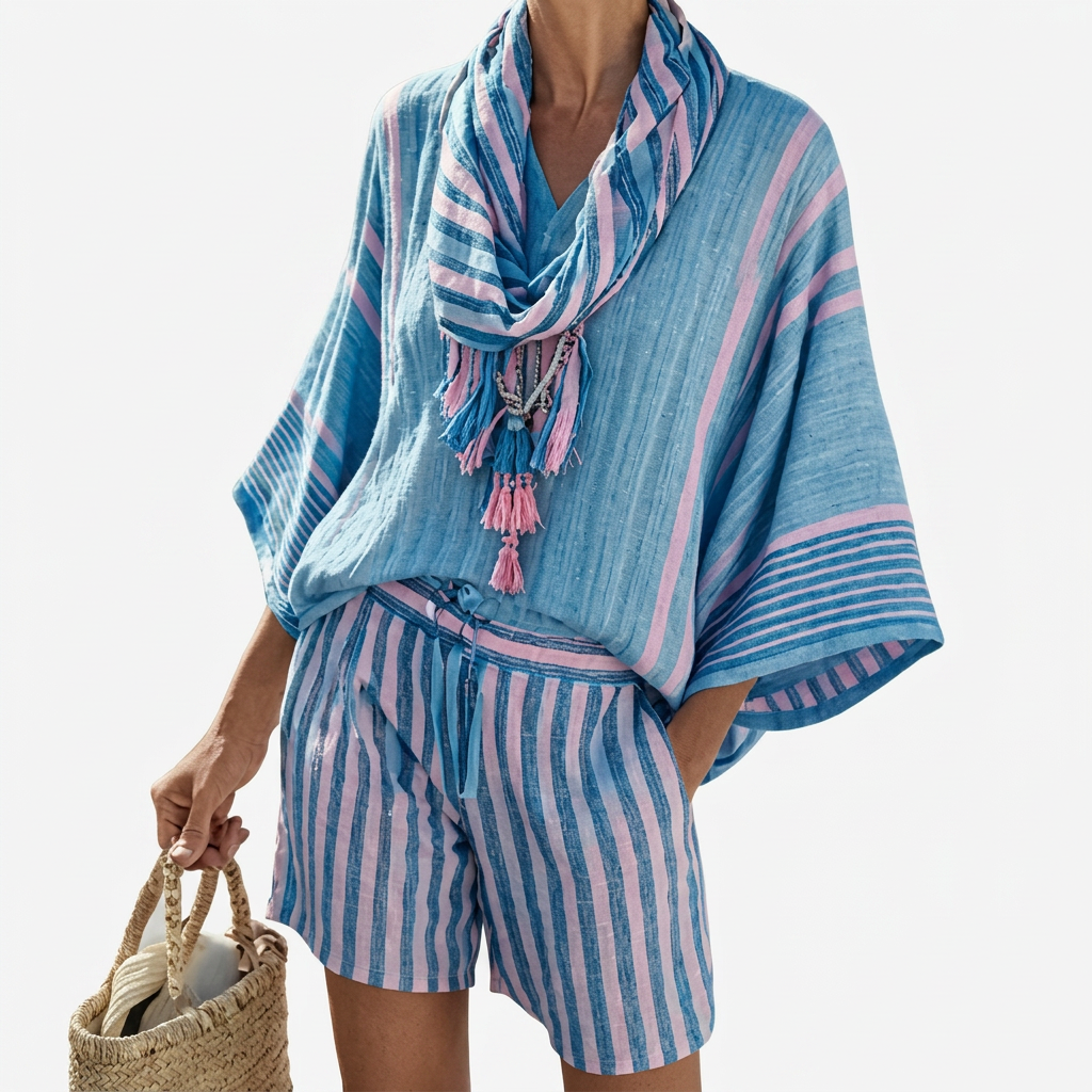 Women's Floral Kimono Top & Shorts Set with Matching Scarf