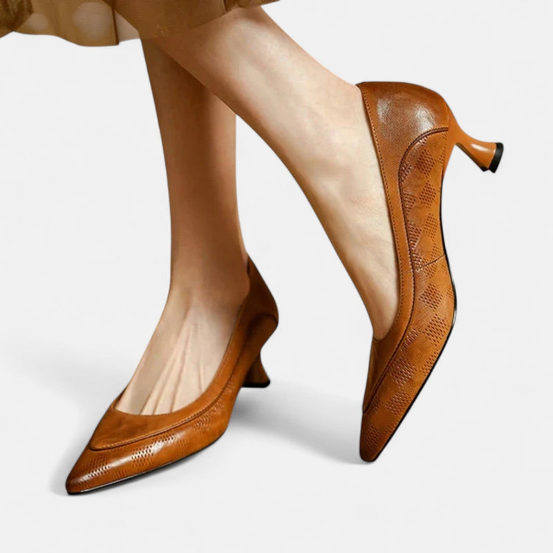 Women's Heels with Embossed Leather Upper and Cushioned Insole