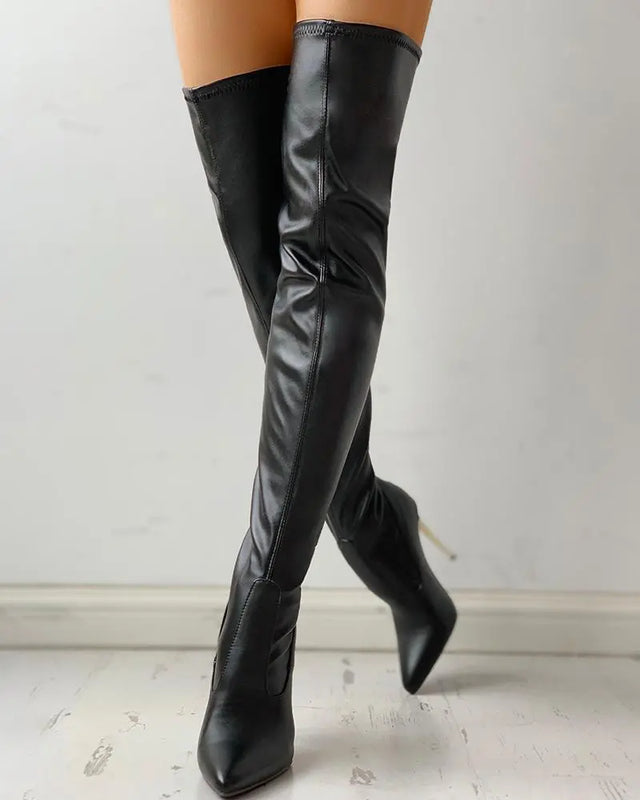 Women's Knee High Boots with Zip Closure and Slim Heel