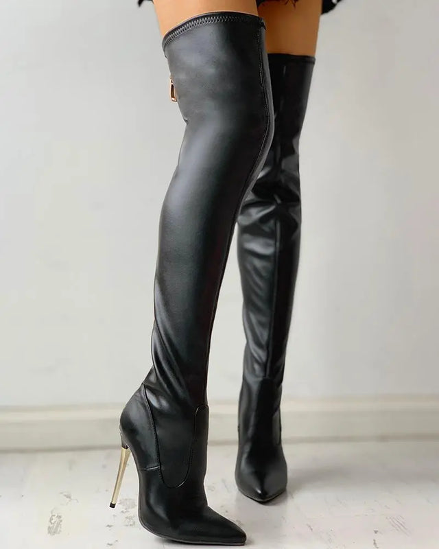 Women's Knee High Boots with Zip Closure and Slim Heel