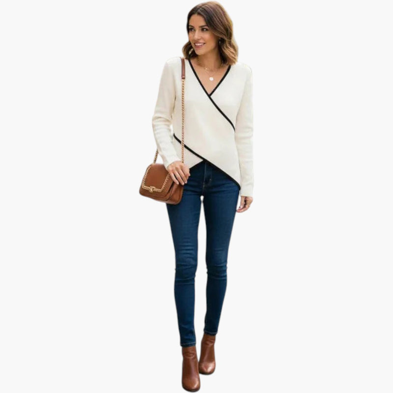 Women's Knit Top with Wrap Front and V Neck