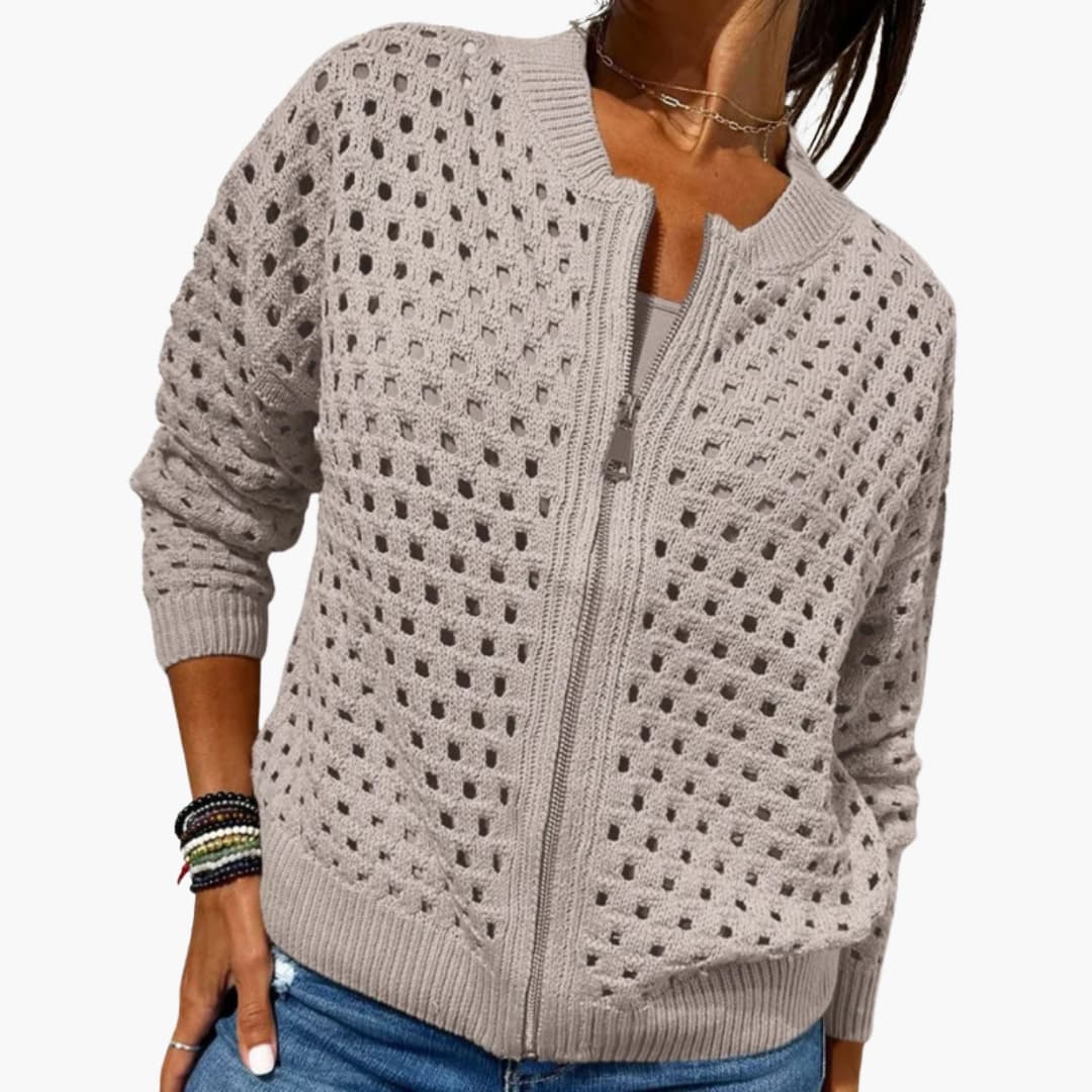 Women's Knitted Cardigan with Zipper Closure and Cutout Details
