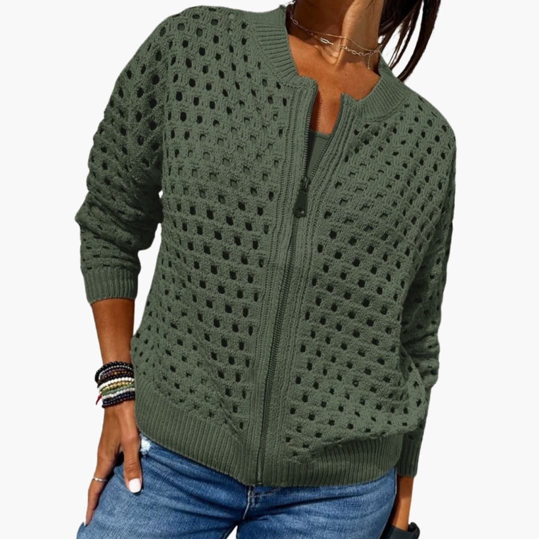 Women's Knitted Cardigan with Zipper Closure and Cutout Details