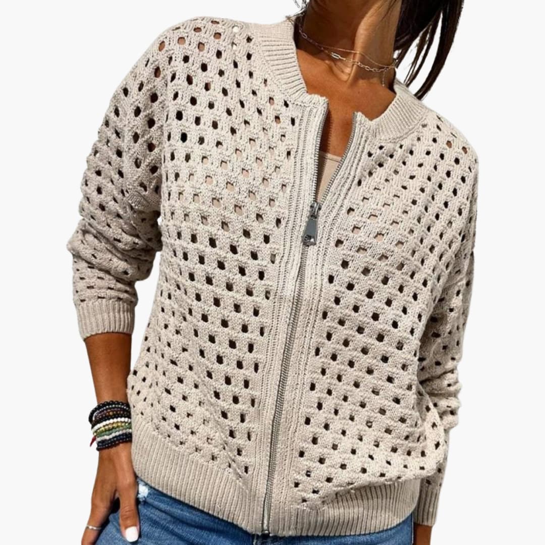 Women's Knitted Cardigan with Zipper Closure and Cutout Details