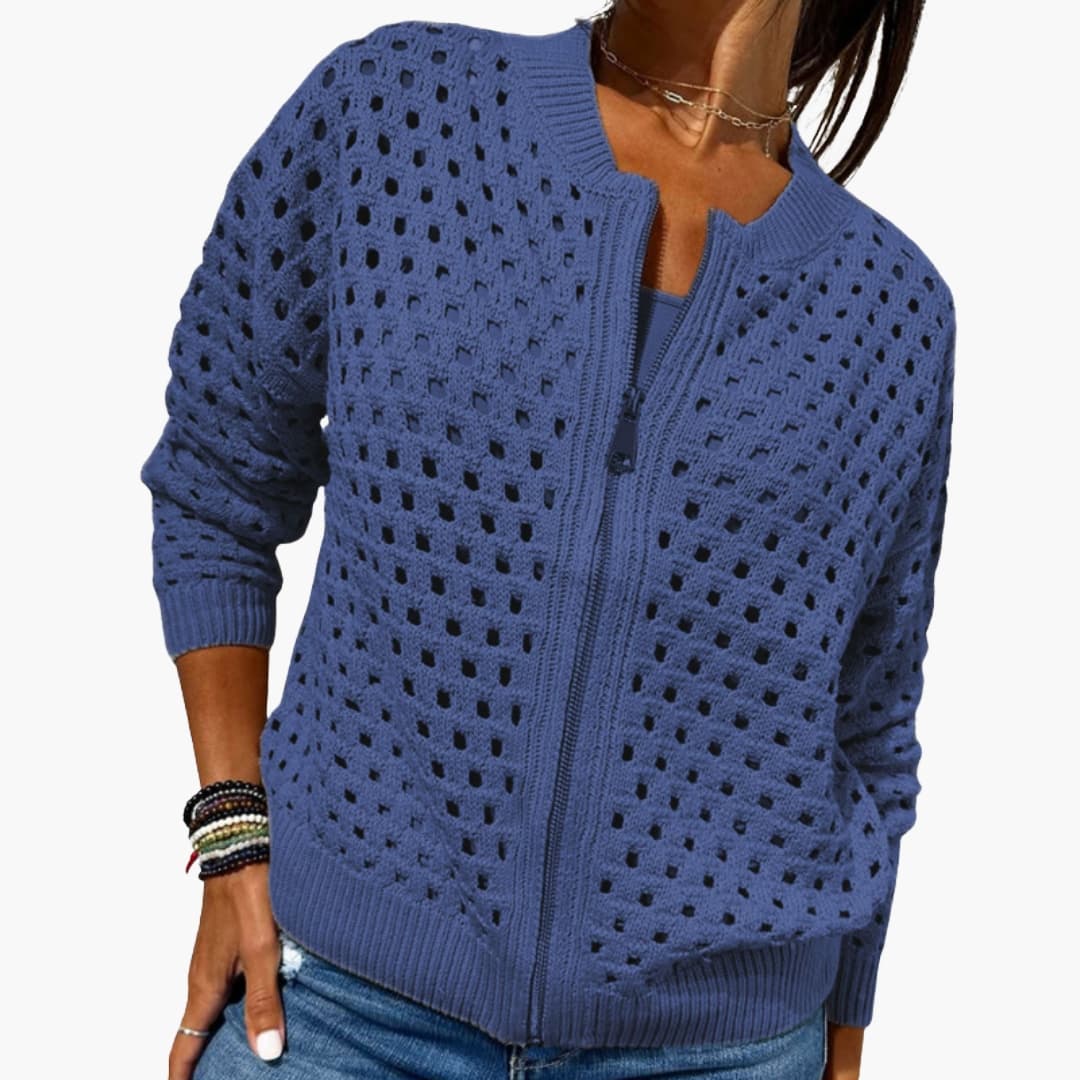 Women's Knitted Cardigan with Zipper Closure and Cutout Details