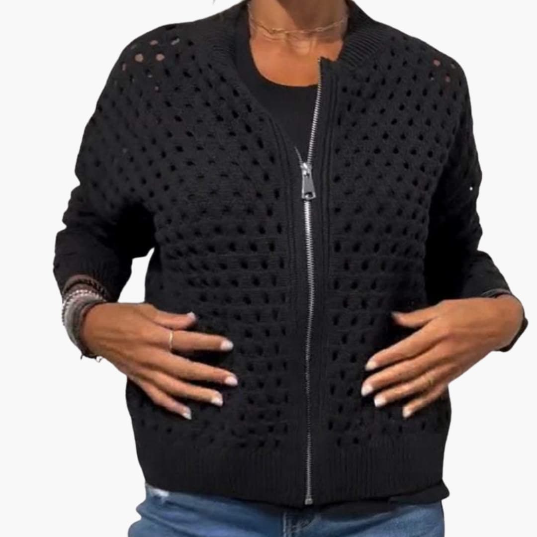 Women's Knitted Cardigan with Zipper Closure and Cutout Details