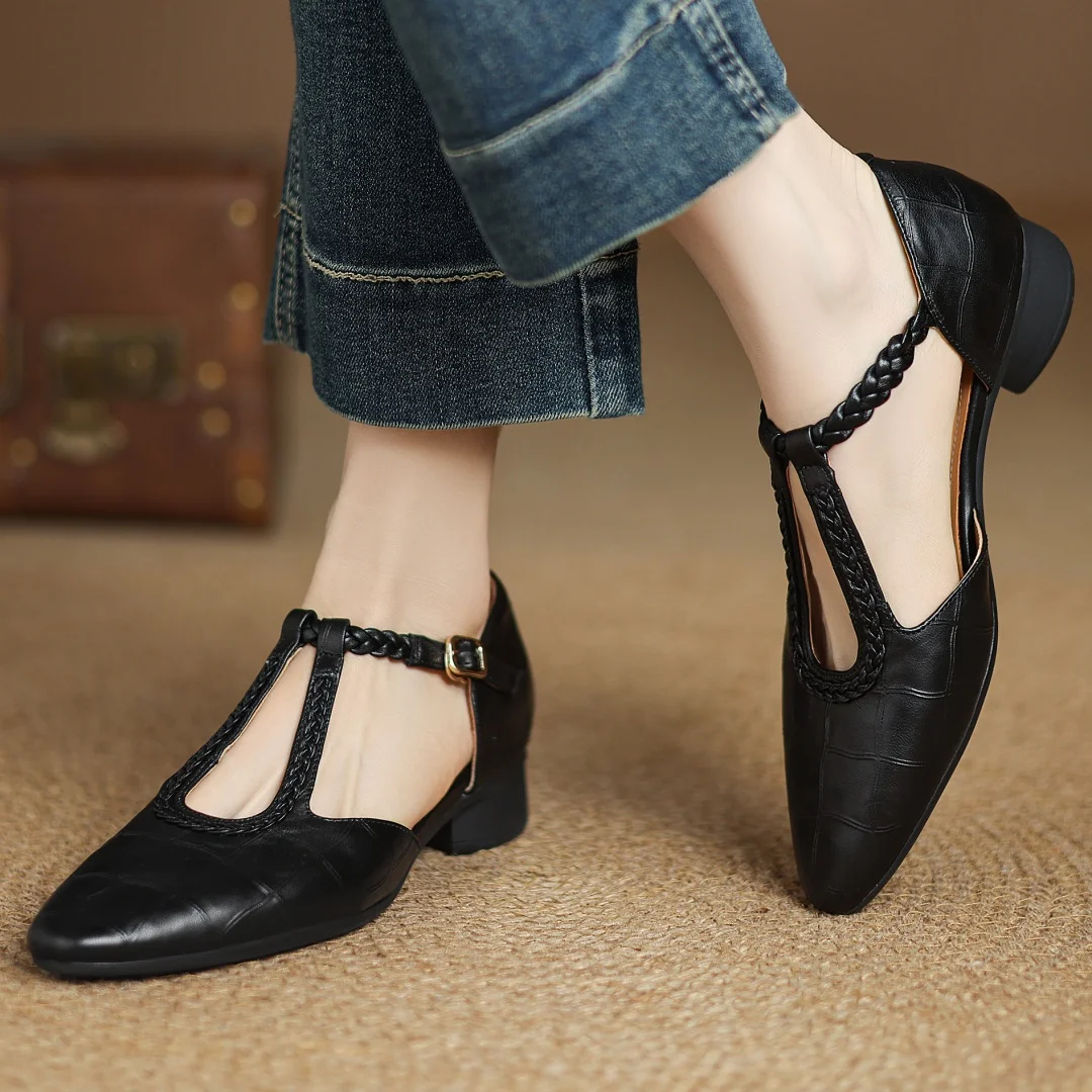 Women's Leather Mary Jane Shoes with T Strap and Buckle Closure