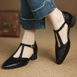 Women's Leather Mary Jane Shoes with T Strap and Buckle Closure