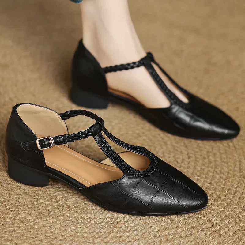 Women's Leather Mary Jane Shoes with T Strap and Buckle Closure
