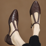Women's Leather Mary Jane Shoes with T Strap and Buckle Closure