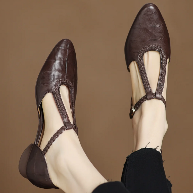 Women's Leather Mary Jane Shoes with T Strap and Buckle Closure