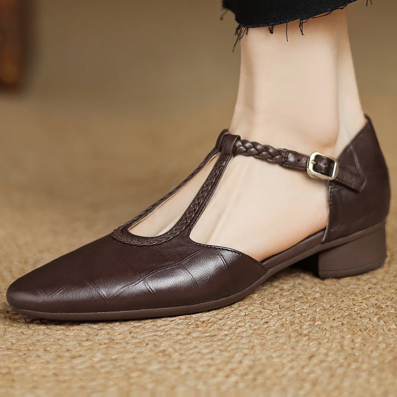 Bavane | Women's Leather Mary Jane Shoes with T Strap and Buckle Closure
