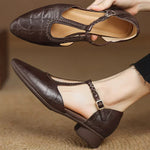 Women's Leather Mary Jane Shoes with T Strap and Buckle Closure