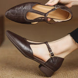 Women's Leather Mary Jane Shoes with T Strap and Buckle Closure