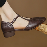 Women's Leather Mary Jane Shoes with T Strap and Buckle Closure