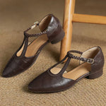 Women's Leather Mary Jane Shoes with T Strap and Buckle Closure