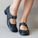 Women's Leather Sandals with Buckle Closure and Low Heel