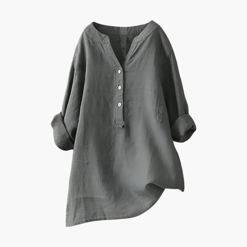 Women's Linen Blouse with Button Closure and Rollable Sleeves