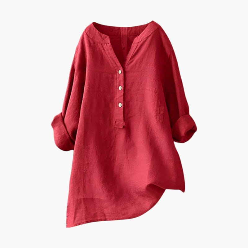 Women's Linen Blouse with Button Closure and Rollable Sleeves