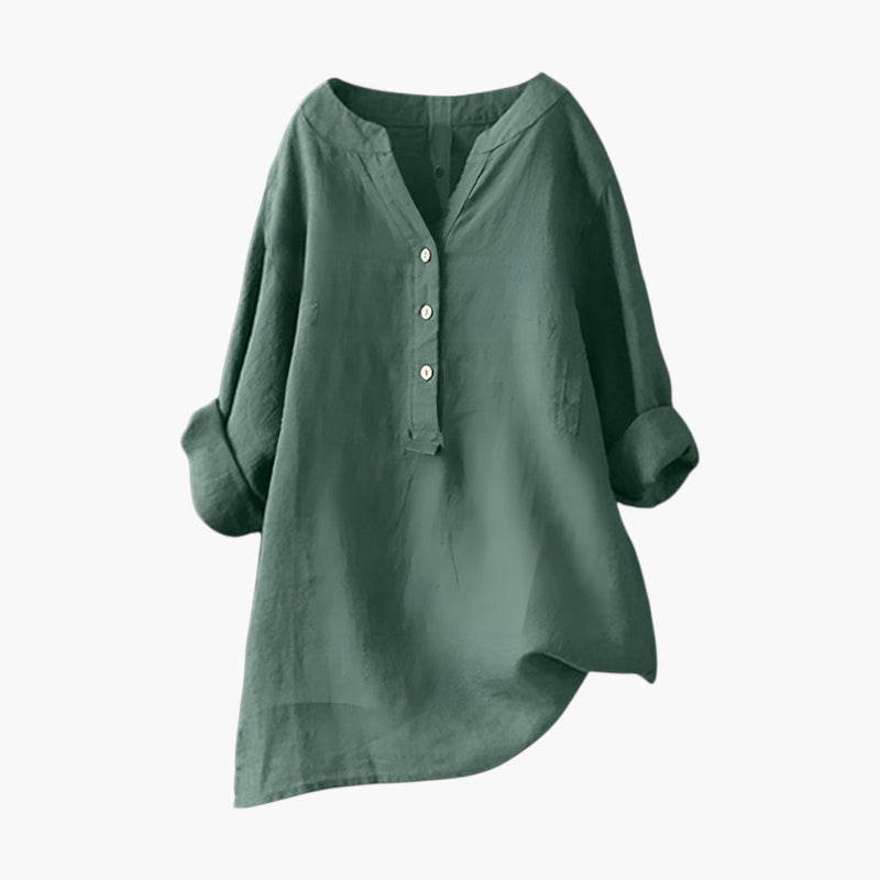 Women's Linen Blouse with Button Closure and Rollable Sleeves