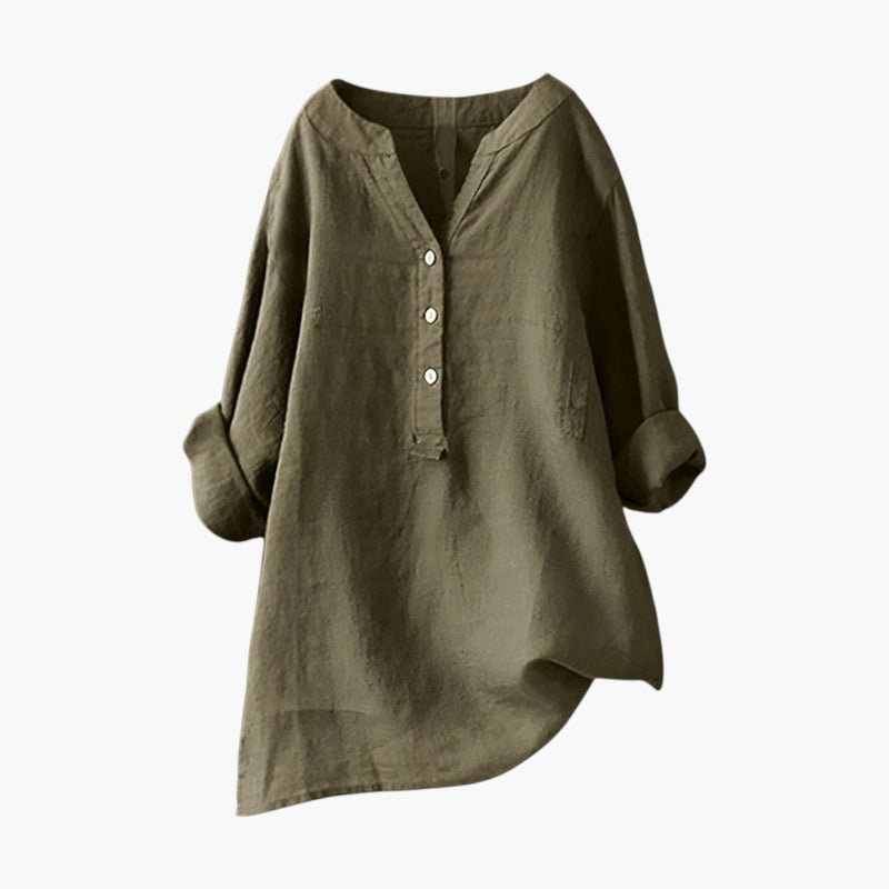 Women's Linen Blouse with Button Closure and Rollable Sleeves