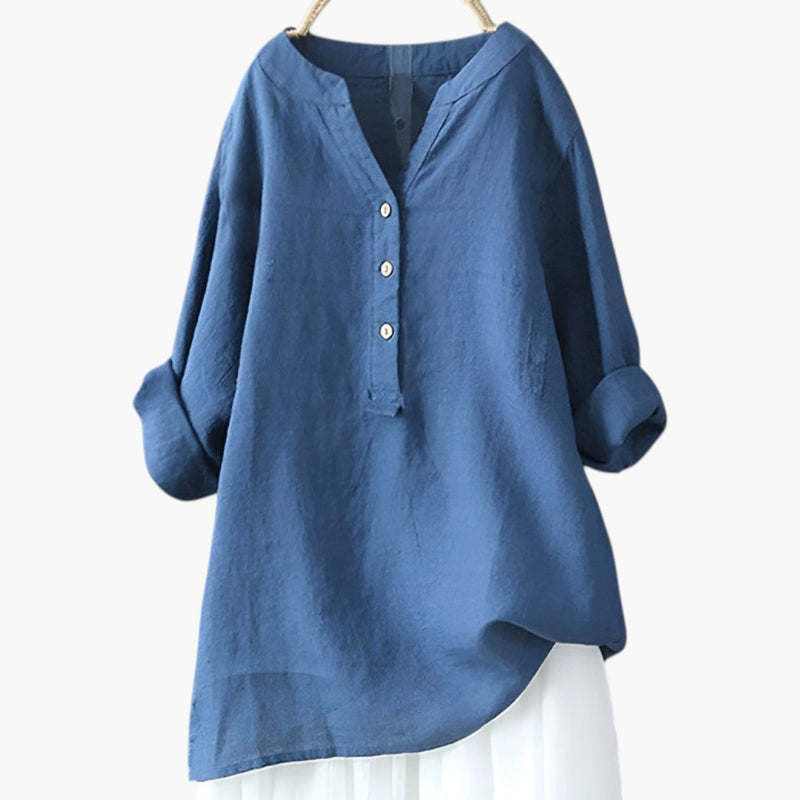 Women's Linen Blouse with Button Closure and Rollable Sleeves