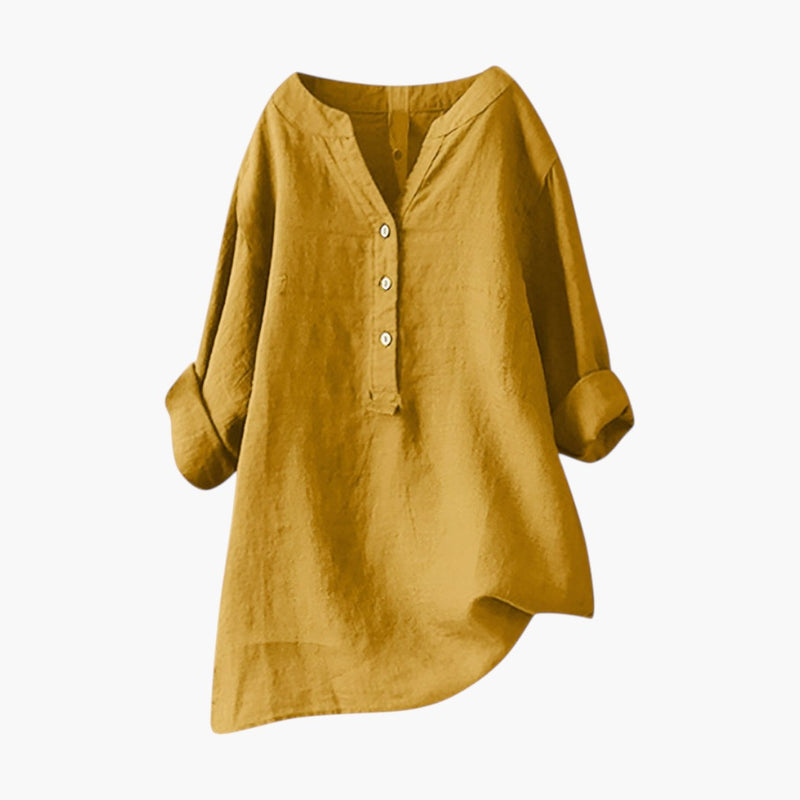 Women's Linen Blouse with Button Closure and Rollable Sleeves