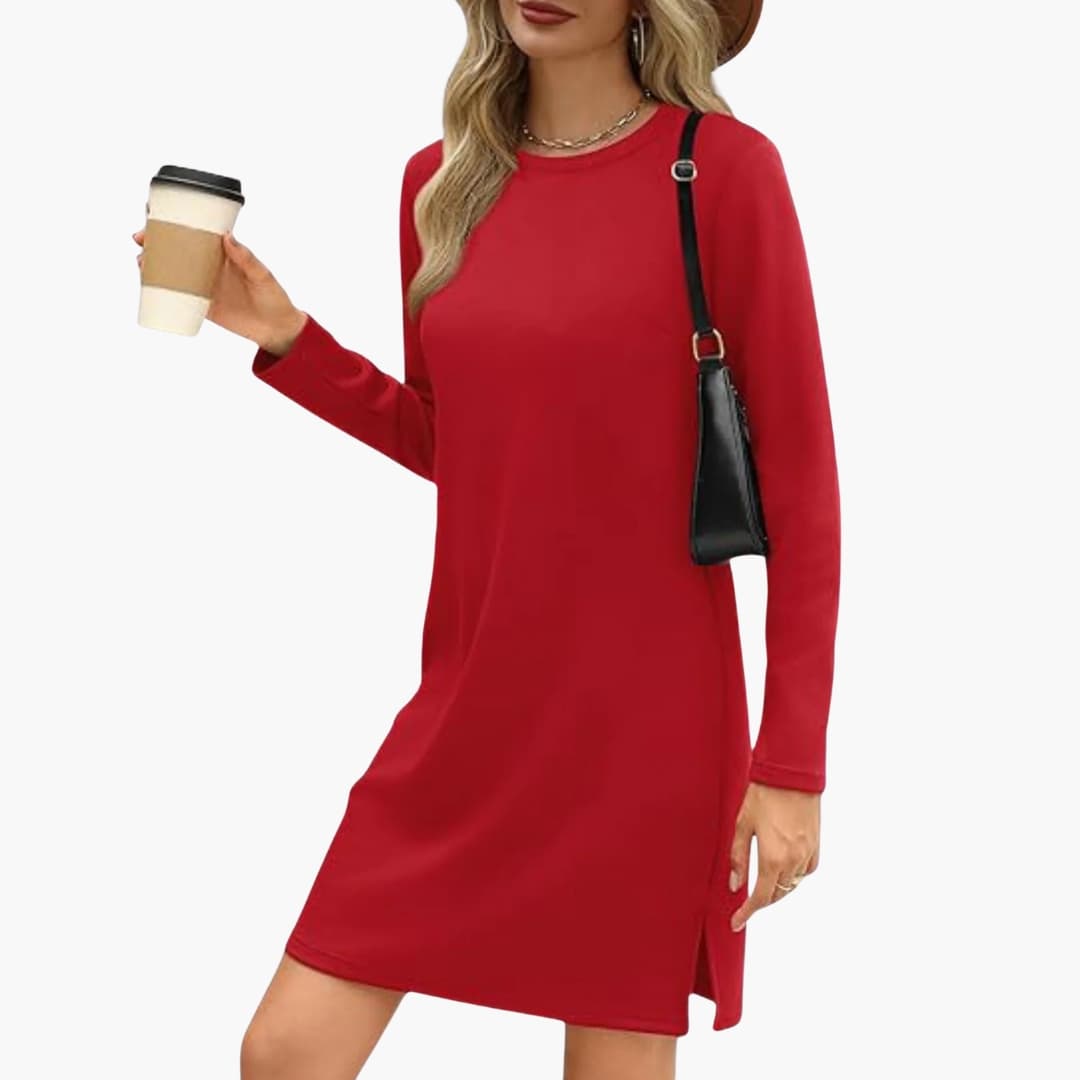 Women's Mini Dress with Long Sleeves and Round Neck