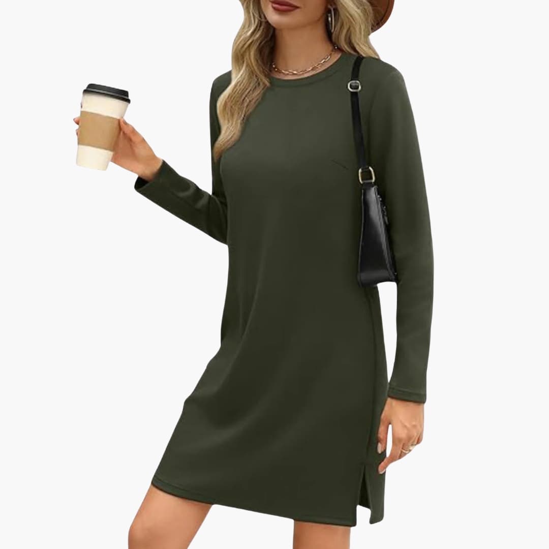 Women's Mini Dress with Long Sleeves and Round Neck