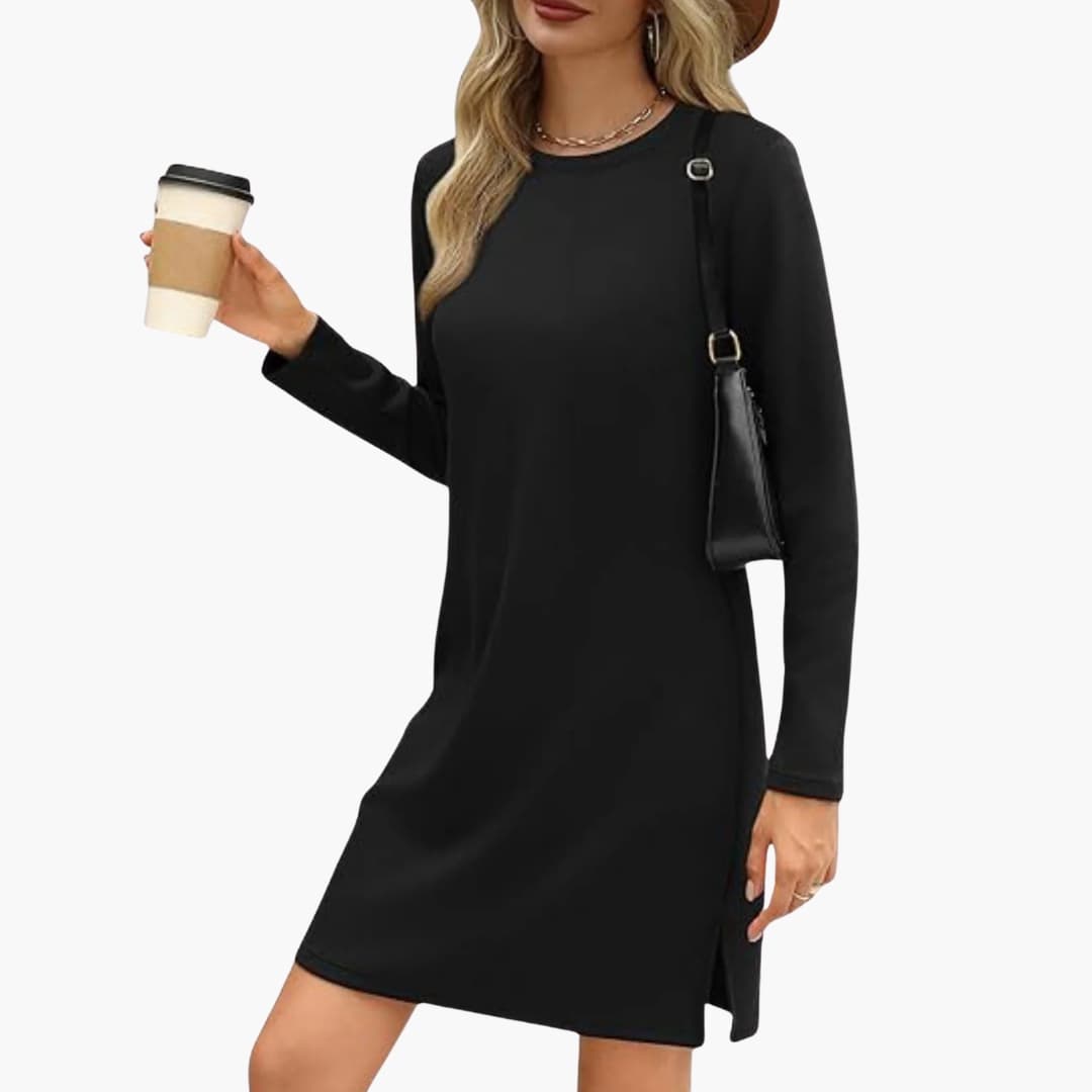 Women's Mini Dress with Long Sleeves and Round Neck