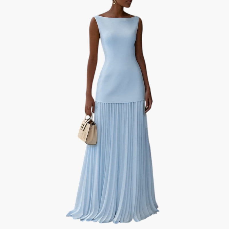 Women's Maxi Dress with Pleated Skirt and Sleeveless Design