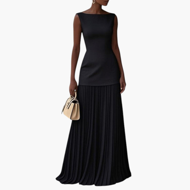 Women's Maxi Dress with Pleated Skirt and Sleeveless Design