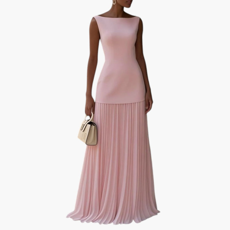 Women's Maxi Dress with Pleated Skirt and Sleeveless Design