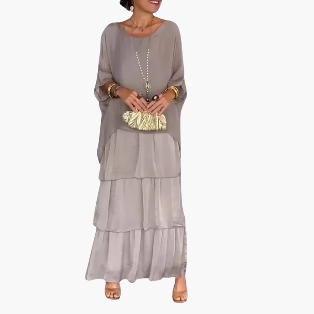 Womens Maxi Dress with Round Neck and Smocked Sleeves
